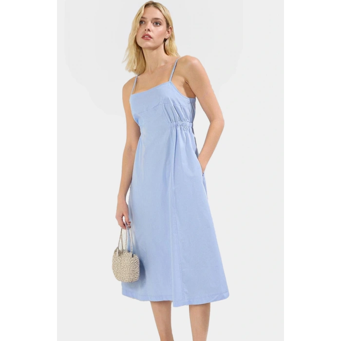 Poplin Dokuma Midi Elbise A Line Kalıp Rahat Yazlık Casual Dayanıklı Malzeme Zarifane Tasarım