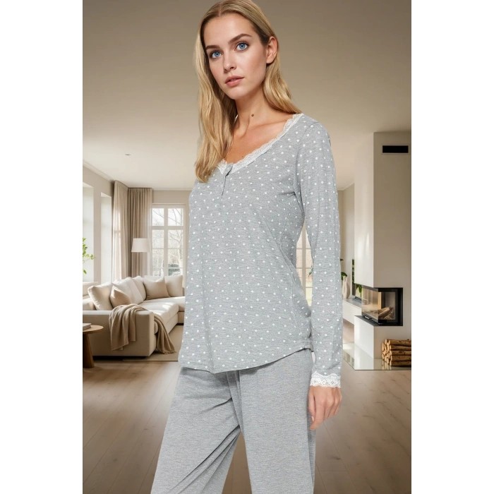 Puantiyeli Dantel Detaylı Pamuklu Örme Pijama Takımı Kışlık Konfor Mükemmel Uyum Trend Tasarım