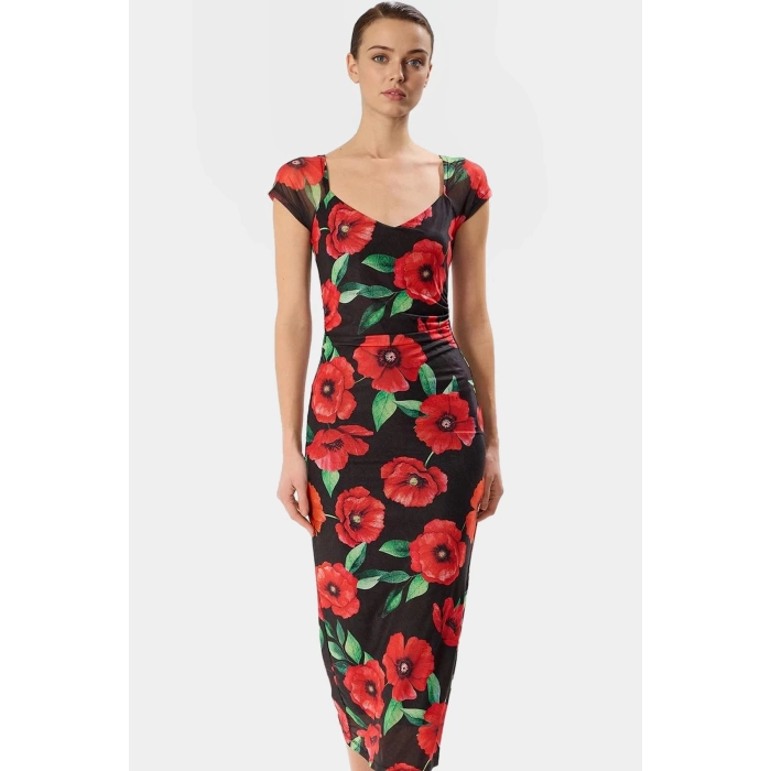 Puantiyeli Desenli Bodycon Kalıp Midi Boy Astarlı Elbise Trend Tasarım Özenle Seçilmiş