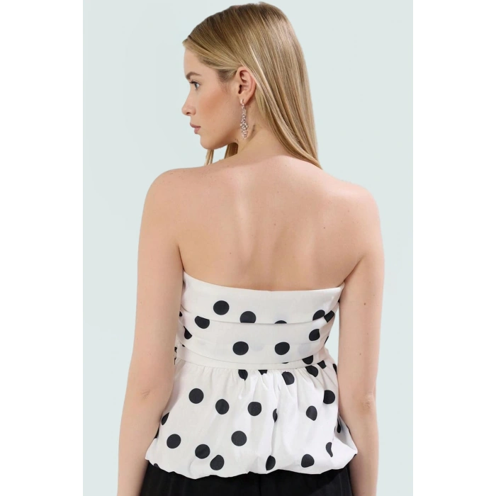 Puantiyeli Straplez Fitted Bluz Terrycotton Kumaş Yazlık Modern Stil Zarifane Tasarım