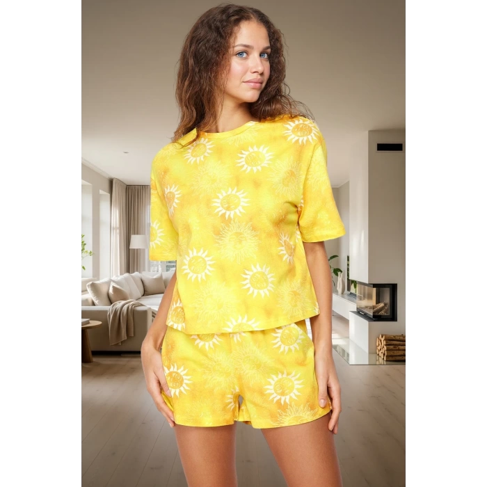 Rahat %100 Pamuklu Güneş Desenli Pijama Takımı Yaz İçin İdeal Uzun Ömürlü Özenle Seçilmiş