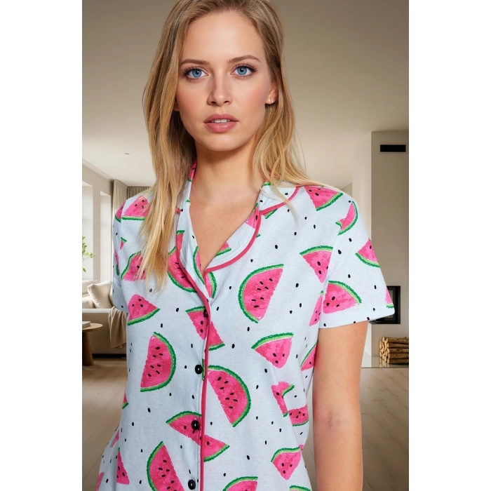 Rahat %100 Pamuklu Karpuz Desenli Pijama Takımı Kısa Kollu Boru Paça Regular Kalıp Konforlu Kesim