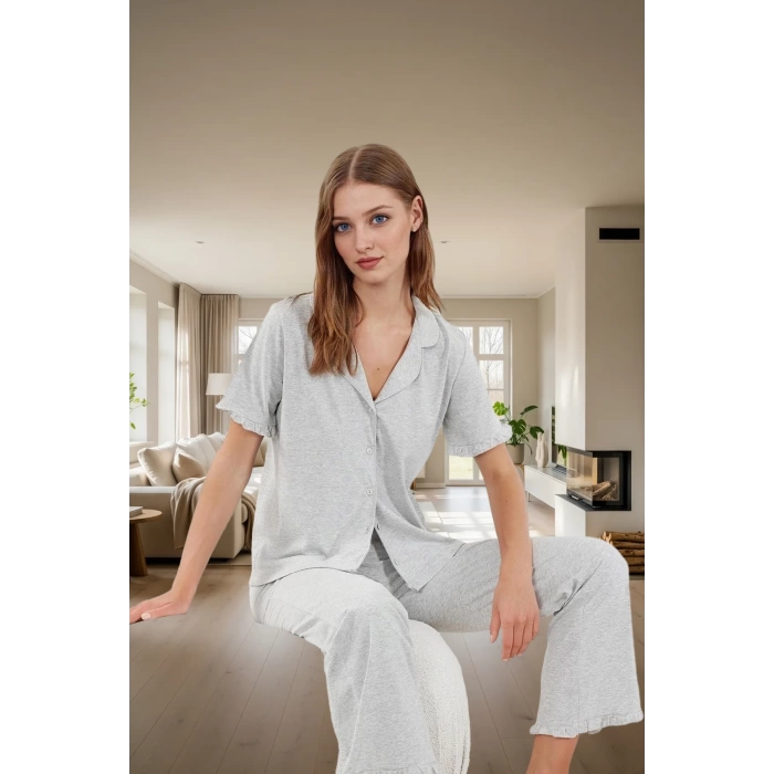 Rahat %100 Pamuklu Leopar Pijama Takımı Kısa Kollu Gömlek ve Boru Paça Pantolon Zarifane Tasarım