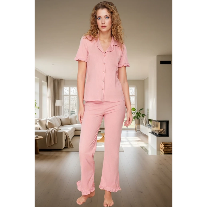 Rahat %100 Pamuklu Leopar Pijama Takımı Kısa Kollu Gömlek ve Boru Paça Pantolon Zarifane Tasarım