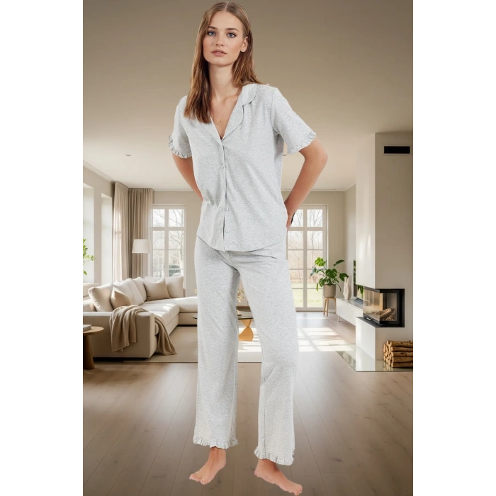 Rahat %100 Pamuklu Leopar Pijama Takımı Kısa Kollu Gömlek ve Boru Paça Pantolon Zarifane Tasarım