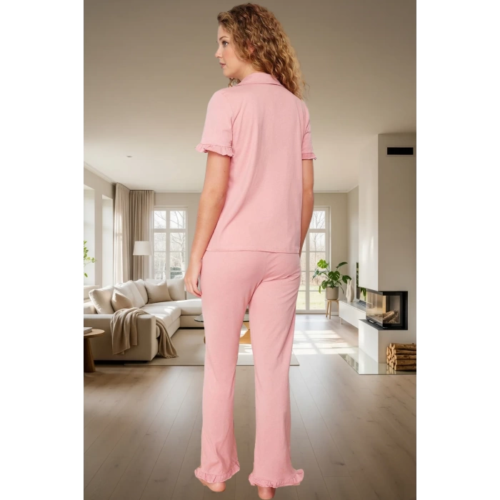Rahat %100 Pamuklu Leopar Pijama Takımı Kısa Kollu Gömlek ve Boru Paça Pantolon Zarifane Tasarım