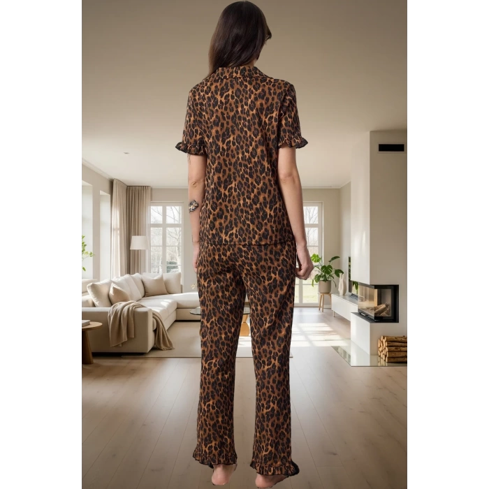 Rahat %100 Pamuklu Leopar Pijama Takımı Kısa Kollu Gömlek ve Boru Paça Pantolon Zarifane Tasarım