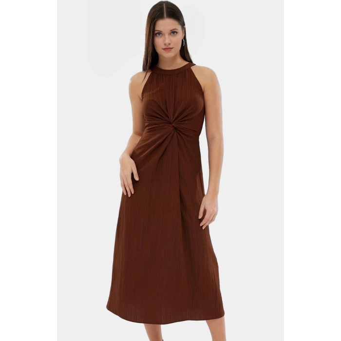 Rahat A Line Crinkle Dokuma Maxi Elbise  Polyester Halter Yaka Kaliteli İşçilik Trend Tasarım