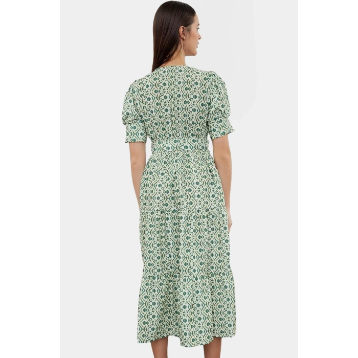 Rahat A line Midi Elbise Etnik Desenli Kemerli V Yaka Kısa Kollu Polyester Profesyonel Görünüm