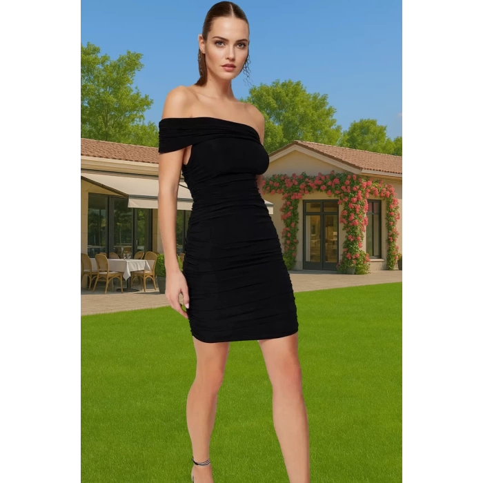 Rahat Bodycon Örme Abiye Kısa Elbise Carmen Yaka Tek Kol Özenle Seçilmiş Özel Tasarım Şık Görünüm