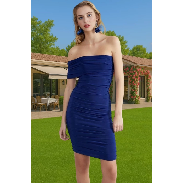 Rahat Bodycon Örme Abiye Kısa Elbise Carmen Yaka Tek Kol Özenle Seçilmiş Özel Tasarım Şık Görünüm