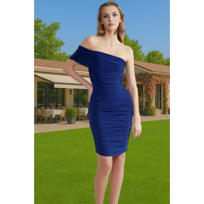 Rahat Bodycon Örme Abiye Kısa Elbise Carmen Yaka Tek Kol Özenle Seçilmiş Özel Tasarım Şık Görünüm