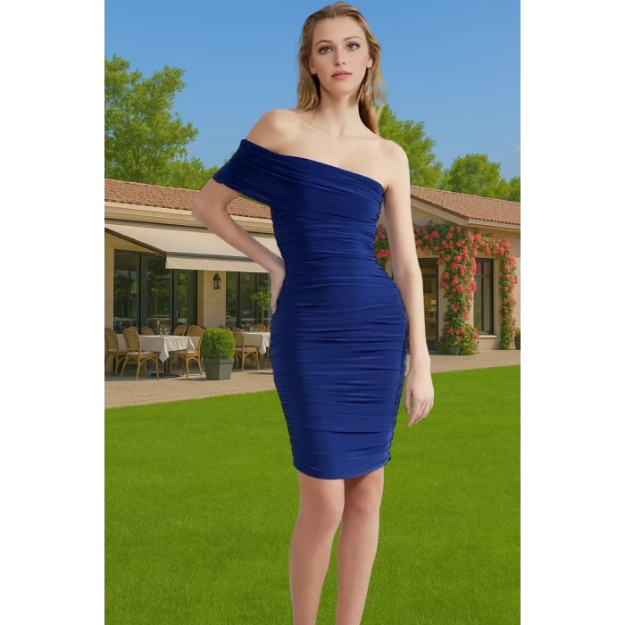 Rahat Bodycon Örme Abiye Kısa Elbise Carmen Yaka Tek Kol Özenle Seçilmiş Özel Tasarım Şık Görünüm