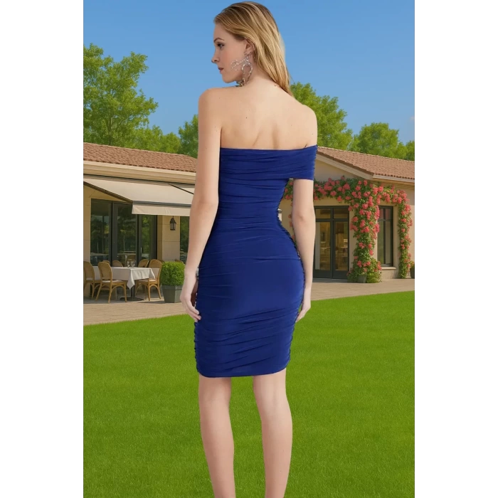 Rahat Bodycon Örme Abiye Kısa Elbise Carmen Yaka Tek Kol Özenle Seçilmiş Özel Tasarım Şık Görünüm