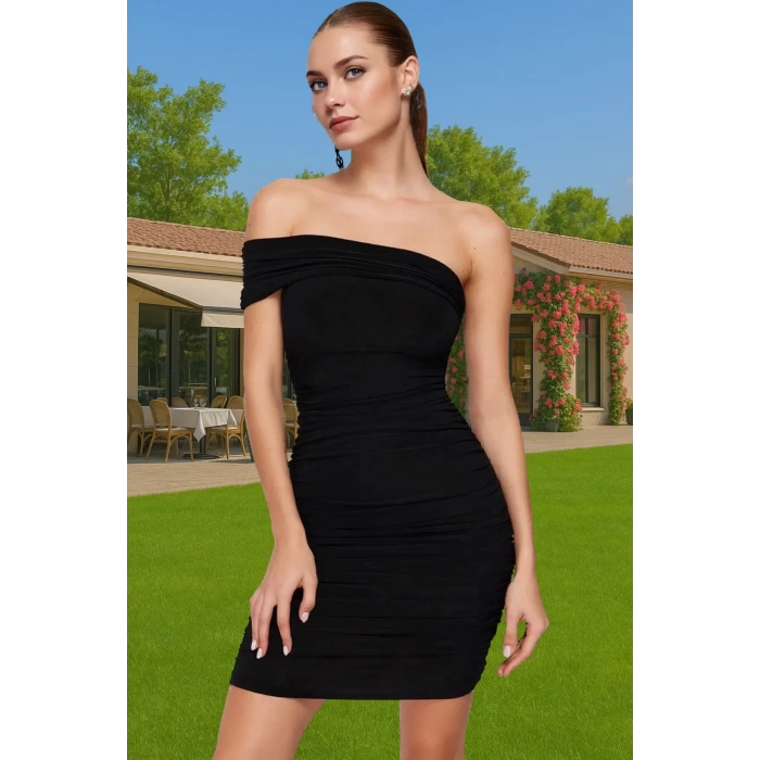 Rahat Bodycon Örme Abiye Kısa Elbise Carmen Yaka Tek Kol Özenle Seçilmiş Özel Tasarım Şık Görünüm