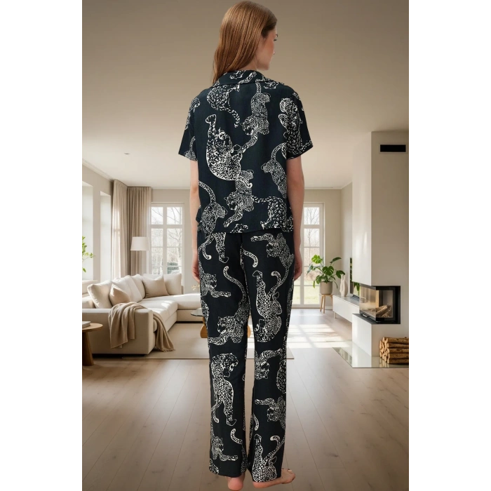 Rahat Ev Giyim %100 Viskon Kaplan Desenli Pijama Takımı Modern Stil Mükemmel Uyum Trend Tasarım