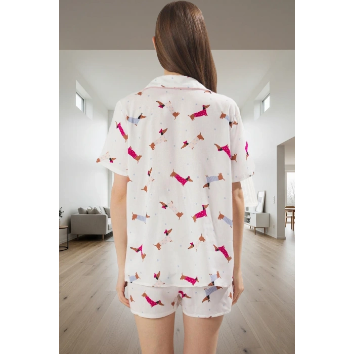 Rahat Ev Giyim Takımı Yazlık Şortlu Pijama Köpek Desenli Viskoz Özel Tasarım Modern Stil