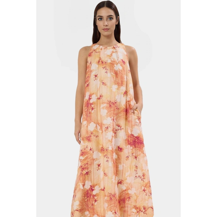 Rahat Günlük Maxi Elbise Dokuma Polyester Kumaş Tropikal Desenli Yazlık Yüksek Kalite Trend Tasarım