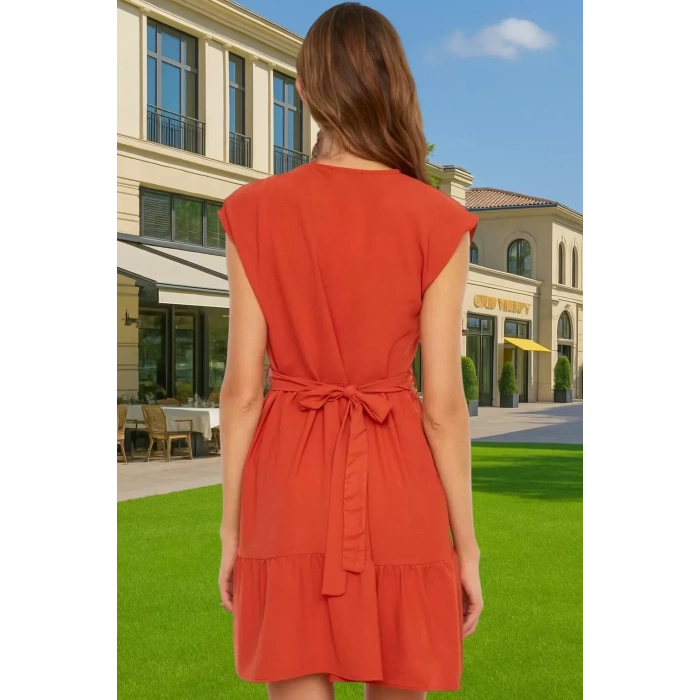 Rahat Günlük Mini Elbise Polyester Dokuma Kumaş V Yaka Bel Detaylı Yüksek Kalite Premium Kalite