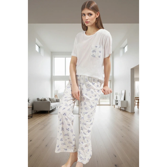 Rahat Hamile Pijama Takımı %100 Pamuk Çiçekli Kapri Pantolon Profesyonel Görünüm Seçkin Malzeme