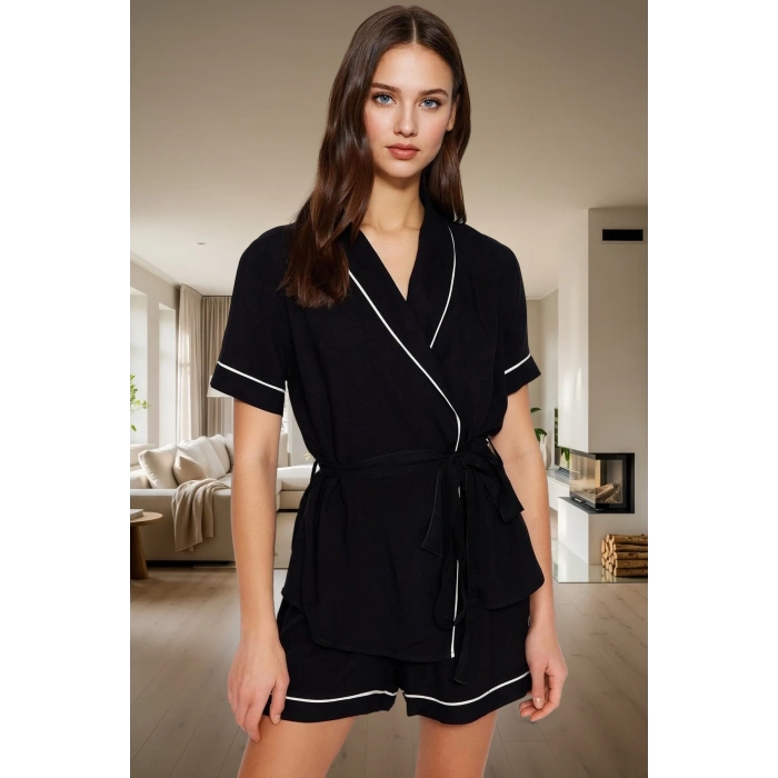 Rahat Homewear Viskon Pijama Takımı Kruvaze Yaka Kısa Kollu Dayanıklı Malzeme Trend Tasarım