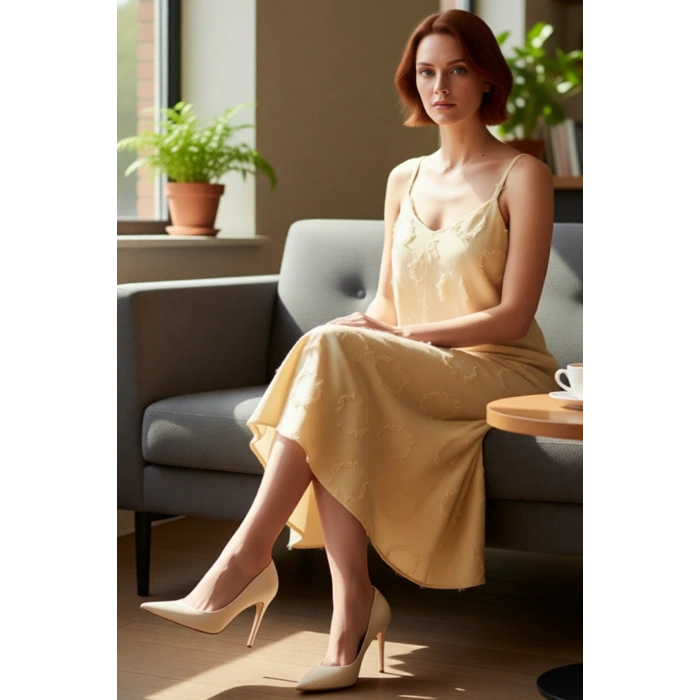 Rahat Kadın Midi Boy İnce Askılı A Line Kalıp Havuz Yaka Dokuma Elbise Yaz Aylarının Vazgeçilmezi