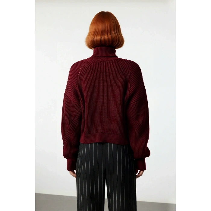Rahat Kadın Oversize Bordo Balıkçı Yaka Uzun Kollu Fitilli Crop Triko Akrilik Kazak Kaliteli