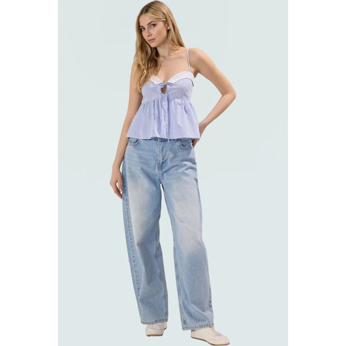 Rahat Kalıp Bluz %66 Polyester %34 Pamuk Kalp Yaka İnce Askılar Günlük Kullanım