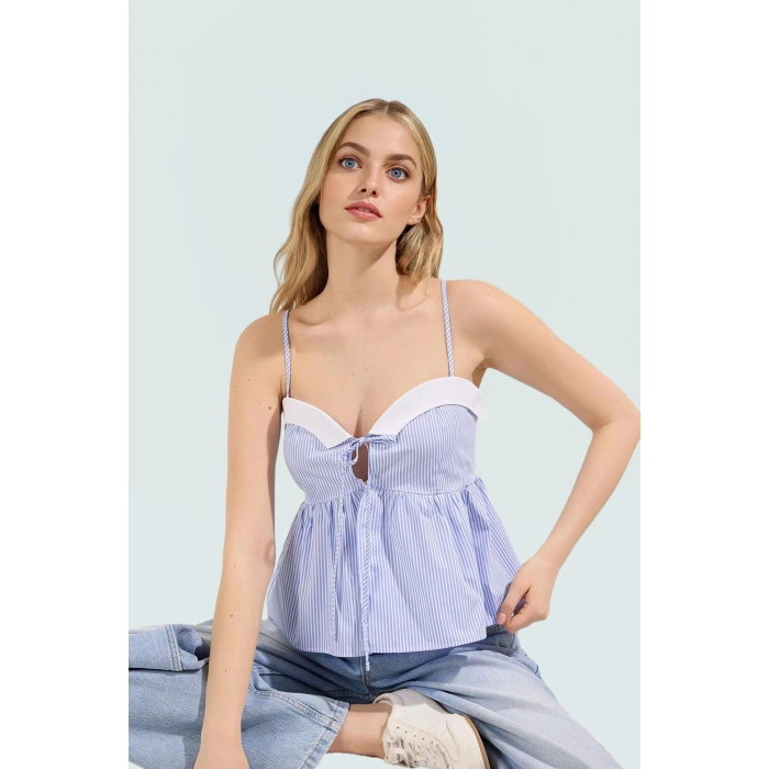 Rahat Kalıp Bluz %66 Polyester %34 Pamuk Kalp Yaka İnce Askılar Günlük Kullanım