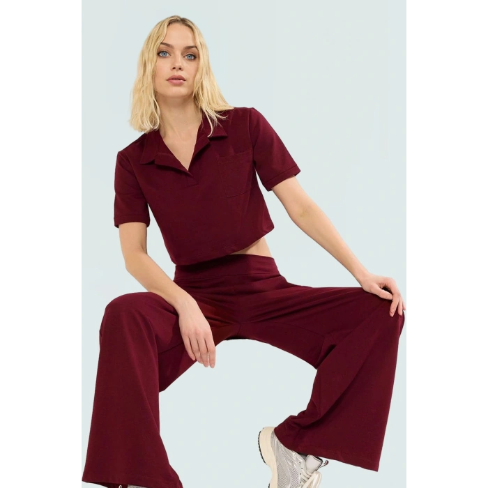 Rahat Kalıp Geniş Paça Örme Takım Kısa Kollu Polo Yaka Trend Tasarım Uzun Ömürlü