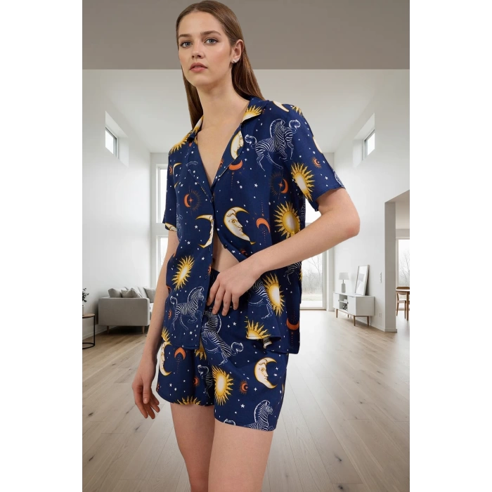 Rahat Kalıp Kısa Kollu Viskoz Pijama Takımı Bohem Galaksi Desen Yaz İçin Şık Görünüm