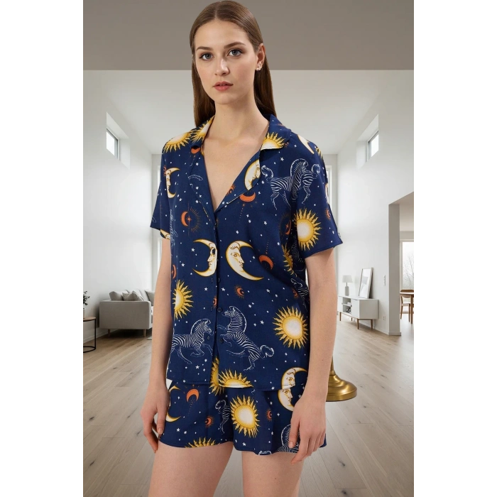 Rahat Kalıp Kısa Kollu Viskoz Pijama Takımı Bohem Galaksi Desen Yaz İçin Şık Görünüm