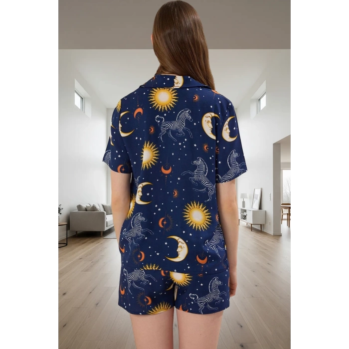 Rahat Kalıp Kısa Kollu Viskoz Pijama Takımı Bohem Galaksi Desen Yaz İçin Şık Görünüm