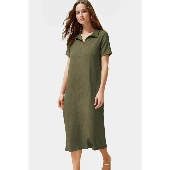 Rahat Kalıp Örme Midi Elbise Yazlık Polyester Kumaş Polo Yaka Kısa Kol Premium Kalite