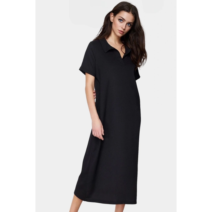 Rahat Kalıp Örme Midi Elbise Yazlık Polyester Kumaş Polo Yaka Kısa Kol Premium Kalite