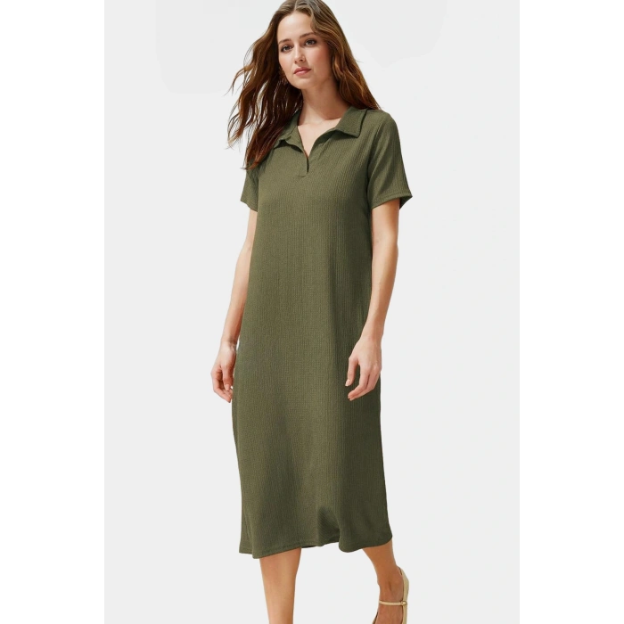 Rahat Kalıp Örme Midi Elbise Yazlık Polyester Kumaş Polo Yaka Kısa Kol Premium Kalite