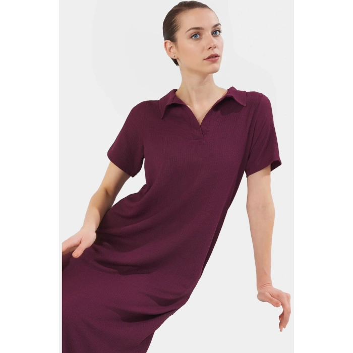 Rahat Kalıp Örme Midi Elbise Yazlık Polyester Kumaş Polo Yaka Kısa Kol Premium Kalite