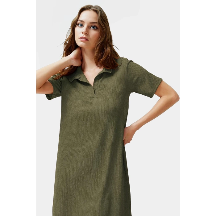 Rahat Kalıp Örme Midi Elbise Yazlık Polyester Kumaş Polo Yaka Kısa Kol Premium Kalite
