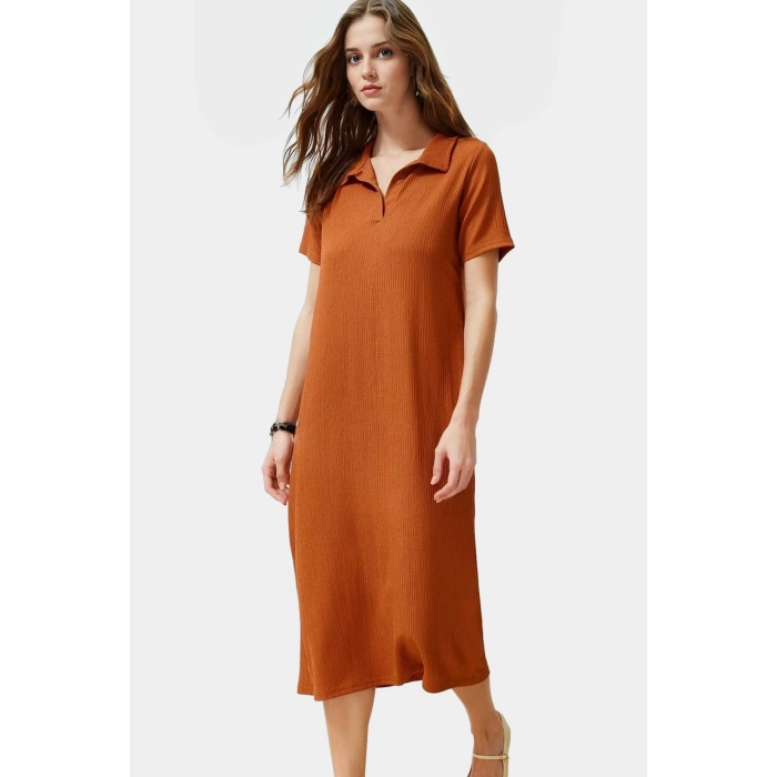 Rahat Kalıp Örme Midi Elbise Yazlık Polyester Kumaş Polo Yaka Kısa Kol Premium Kalite