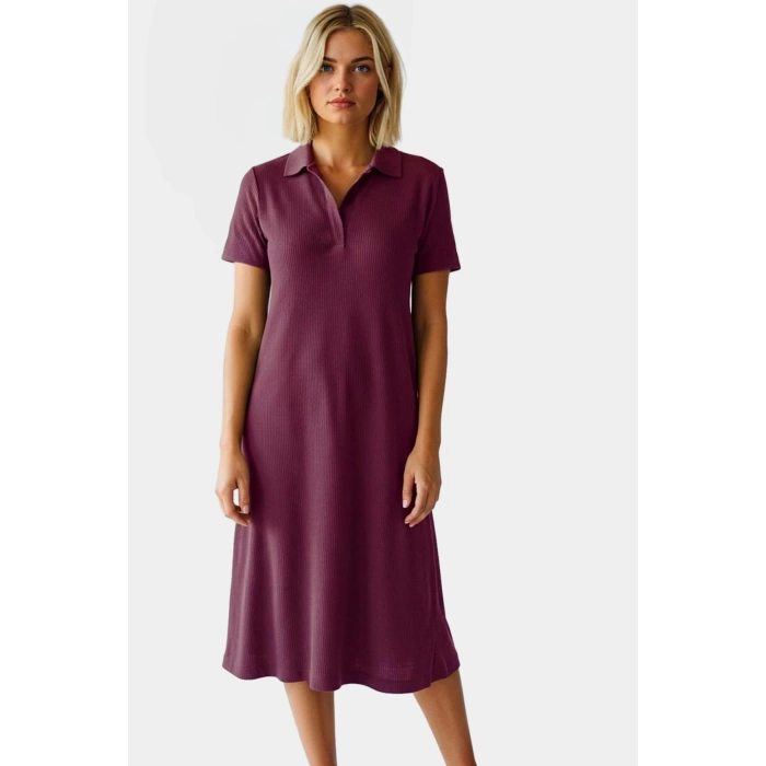 Rahat Kalıp Örme Midi Elbise Yazlık Polyester Kumaş Polo Yaka Kısa Kol Premium Kalite