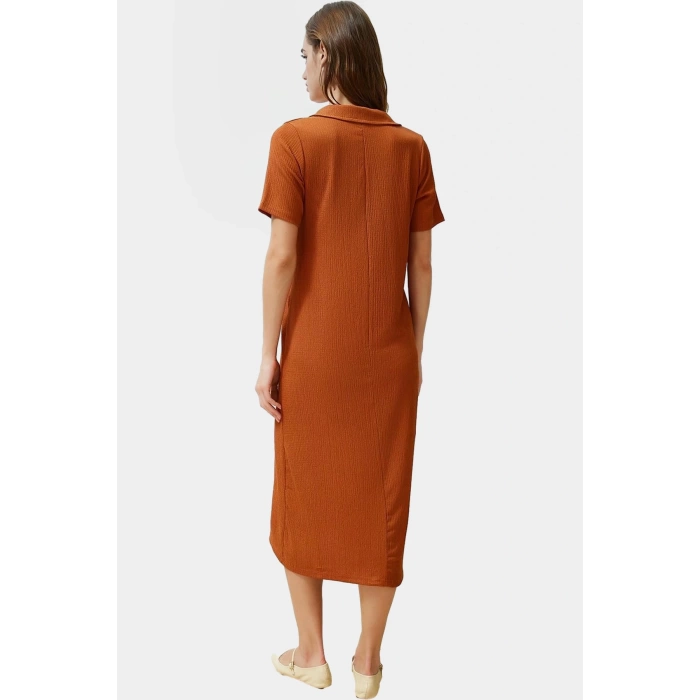 Rahat Kalıp Örme Midi Elbise Yazlık Polyester Kumaş Polo Yaka Kısa Kol Premium Kalite