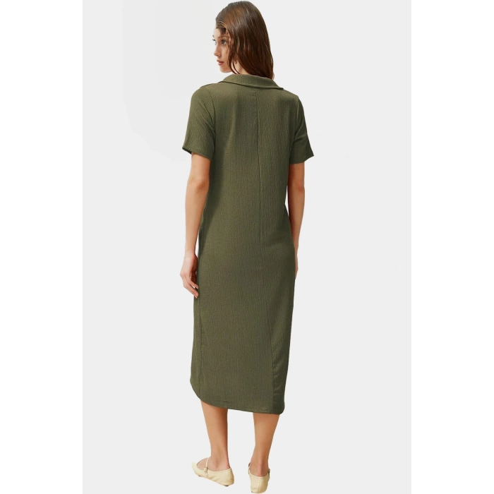 Rahat Kalıp Örme Midi Elbise Yazlık Polyester Kumaş Polo Yaka Kısa Kol Premium Kalite