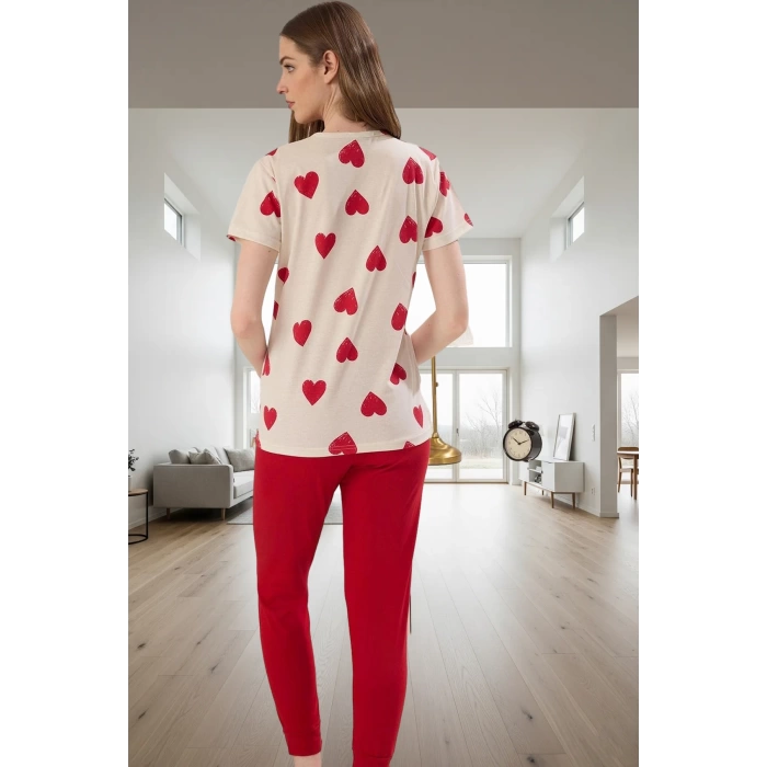 Rahat Kalıp Pamuklu Pijama Takımı Kalpli Desenli 2li Set Özel Tasarım Kullanım Şık Görünüm