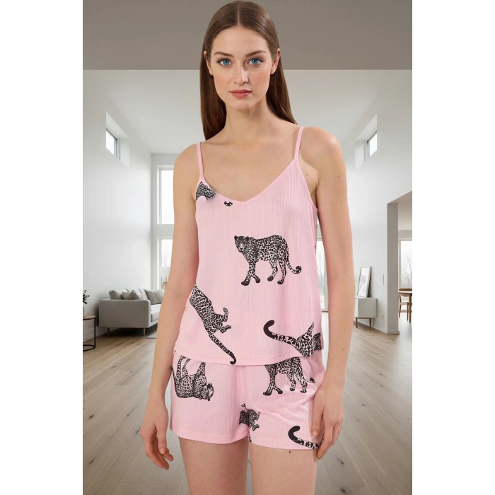 Rahat Kalıp Pijama Takımı Hayvan Desenli Örme Kumaş Boru Paça Zarifane Tasarım