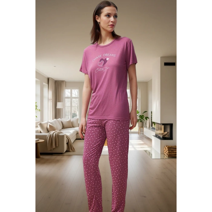 Rahat Kalpli Desenli Pijama Takımı Polyester Viskoz Örme Kumaş İlkbahar Sonbahar Trend Tasarım