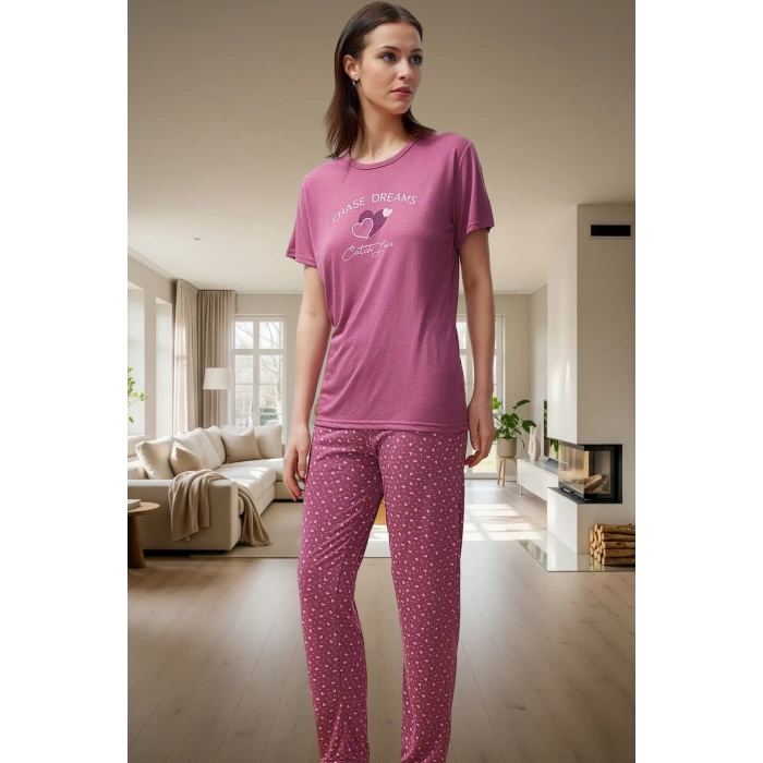 Rahat Kalpli Desenli Pijama Takımı Polyester Viskoz Örme Kumaş İlkbahar Sonbahar Trend Tasarım