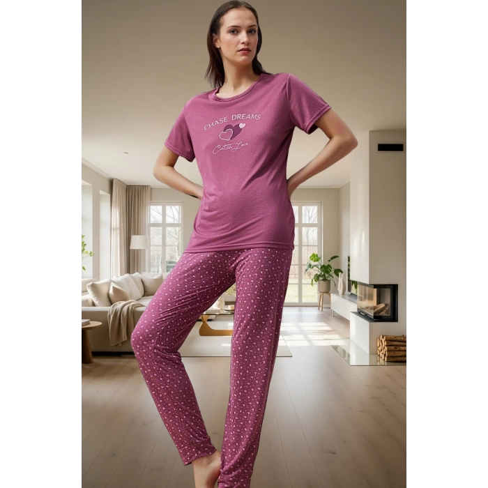 Rahat Kalpli Desenli Pijama Takımı Polyester Viskoz Örme Kumaş İlkbahar Sonbahar Trend Tasarım