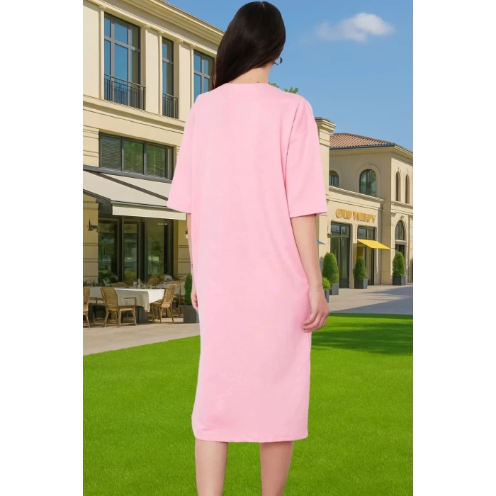 Rahat Kesim Bisiklet Yaka Nakışlı Midi Örme Elbise Dayanıklı Malzeme Trend Tasarım Rahat Kullanım