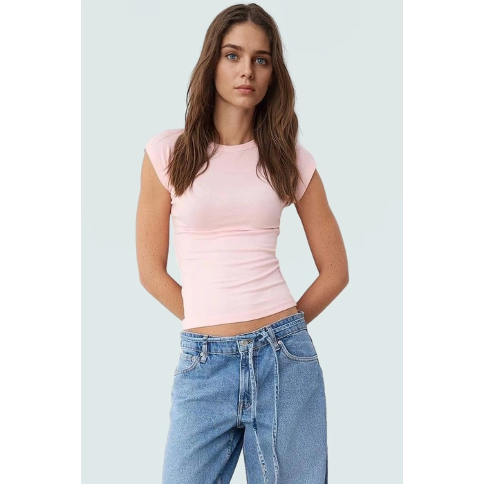 Rahat Kesim Bluz Bisiklet Yaka Viskoz Ribana Kumaş Günlük Stil Trend Tasarım Ve Şık