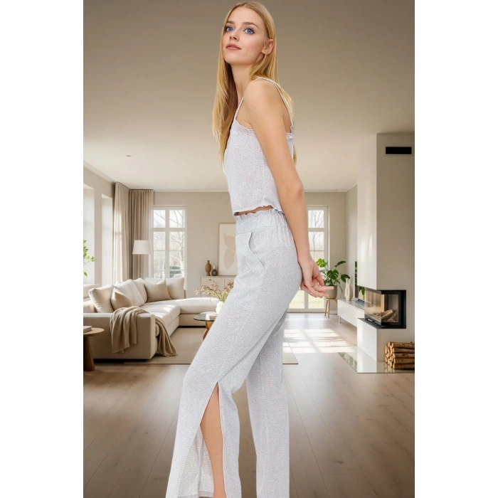 Rahat Kesim Melanj Pijama Takımı Pamuk Polyester V Yaka Uzun Paça Ve Şık